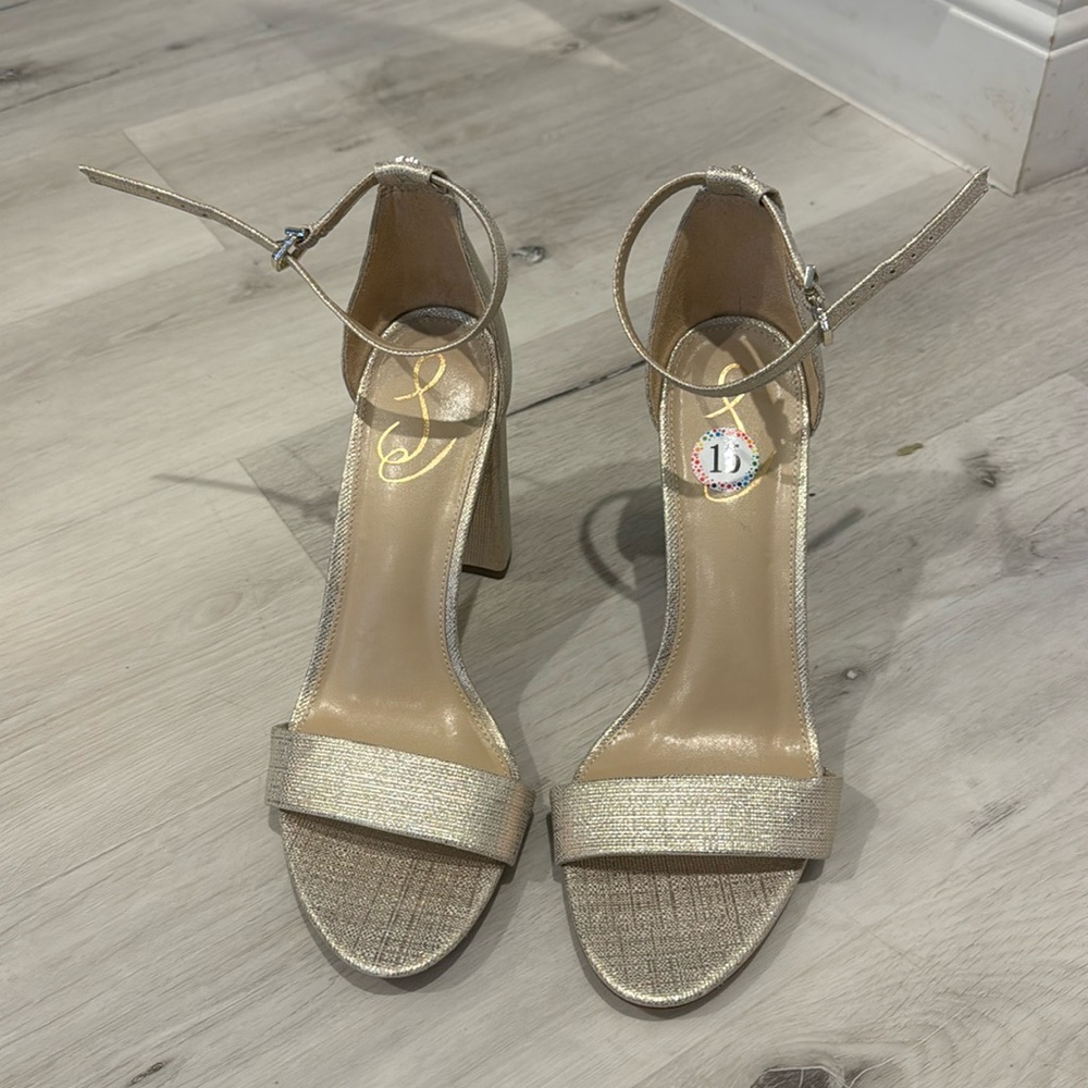 Sam Edelman Metallic Gold Ankle Strap Block Heel Sandals